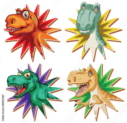 Four vibrant dinosaur heads with starburst backgrounds
