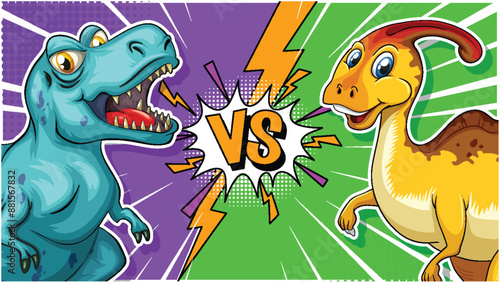 Two dinosaurs face off in a comic style
