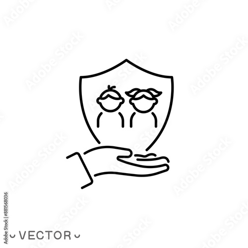 child protect icon, children safe, help or care service, family security, thin line symbol isolated on white background, editable stroke eps 10 vector illustration