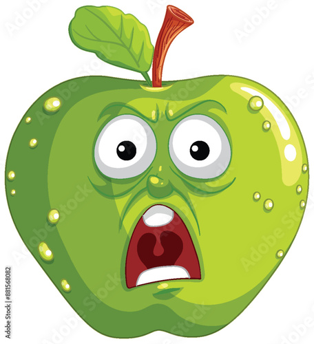 A surprised green apple with expressive eyes