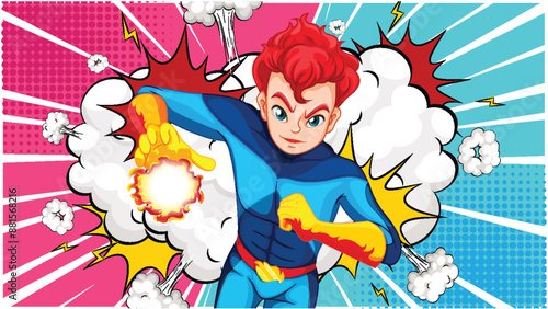 A superhero with red hair and blue suit