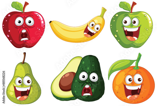Six fruits with humorous facial expressions