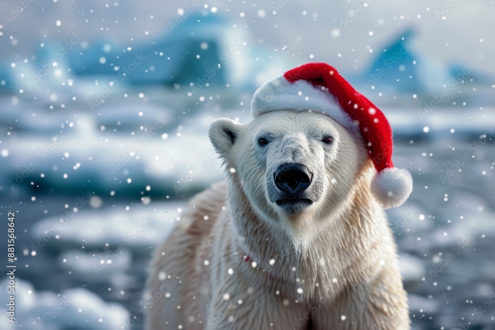 A cute polar bear wearing a Santa hat, standing in a snowy winter landscape with icebergs in the background A cute polar bear wearing a Santa hat, standing in a snowy winter landscape with icebergs in the background