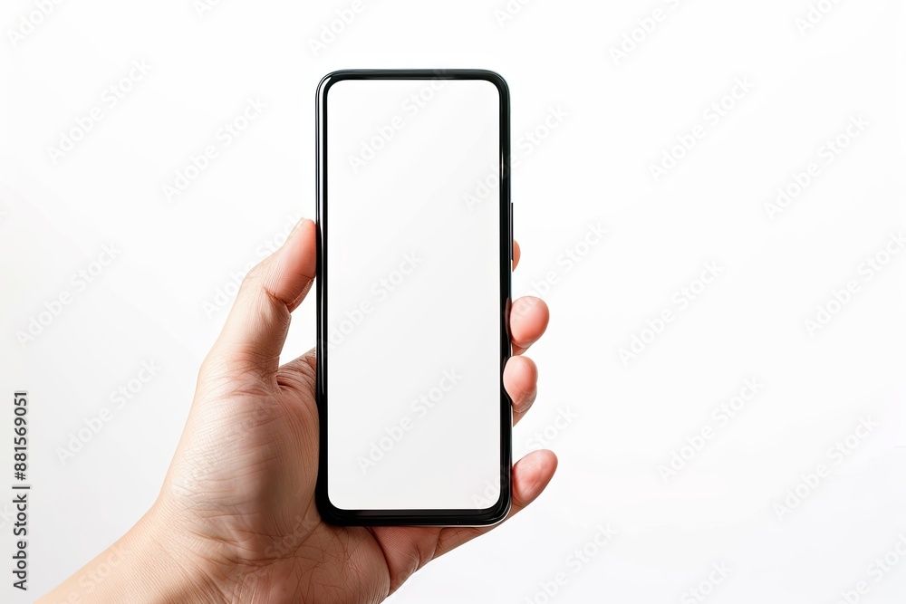 Smartphone mockup on hand with white blank screen created with Generative AI Smartphone mockup on hand with white blank screen created with Generative AI