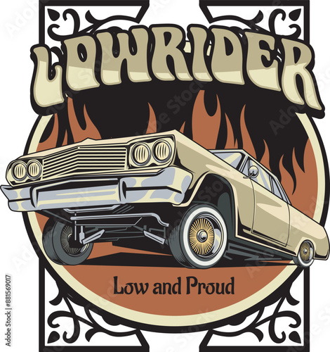 Vector Illustration of Lowrider Car with Vintage Illustration Available for Tshirt Design