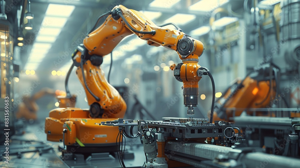 a robotic arm in an industrial setting, automating an assembly line in a manufacturing facility, symbolizing advanced robotics and automation. a robotic arm in an industrial setting, automating an assembly line in a manufacturing facility, symbolizing advanced robotics and automation.