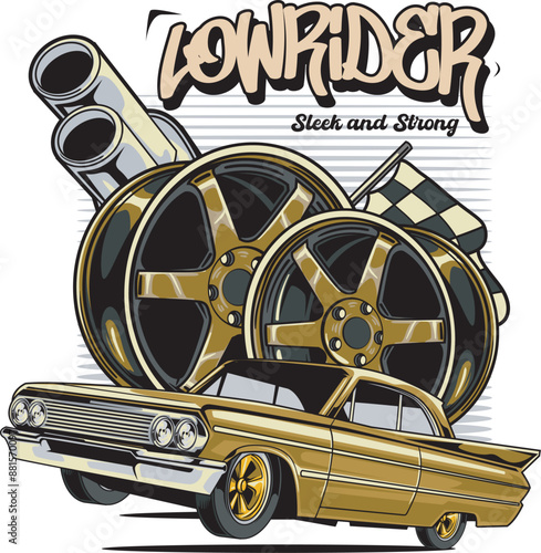 Vector Illustration of Lowrider Car, Exhaust, Racing Flags and Rims with Vintage Illustration Available for Tshirt Design