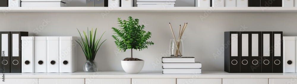 Modern office shelf with neat arrangement of binders, books, potted plants, and decor. Minimalist workspace organization concept. Modern office shelf with neat arrangement of binders, books, potted plants, and decor. Minimalist workspace organization concept.