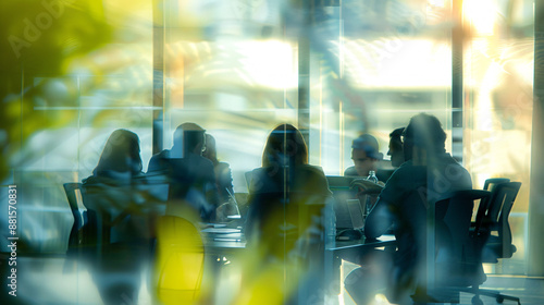 Dehaze office meeting. Beautifully blurred background of bright contemporary office space with panoramic windows stunning lighting. Business office with blurred people formal wear, with blurred bokeh photo