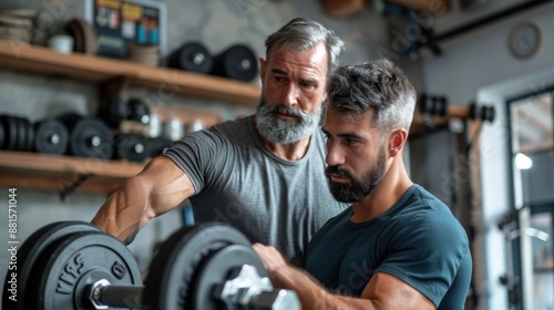 Two men are in a gym, one of them is lifting a weight