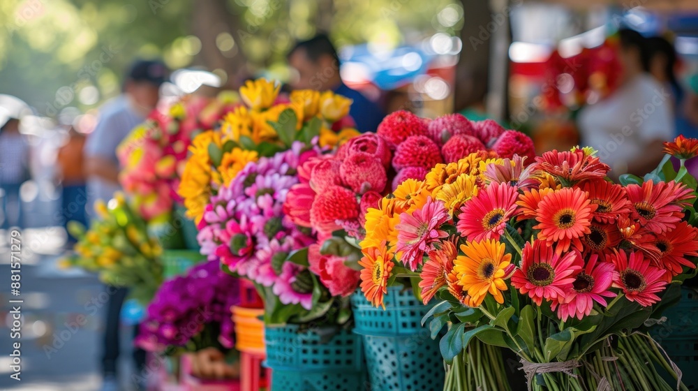 A colorful display of flowers is arranged in green baskets A colorful display of flowers is arranged in green baskets