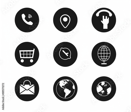 A set of black and white icons for a contact us section, with a phone icon featuring a message bubble on the right side, a global map location pin in the middle left corner, and an email button at the
