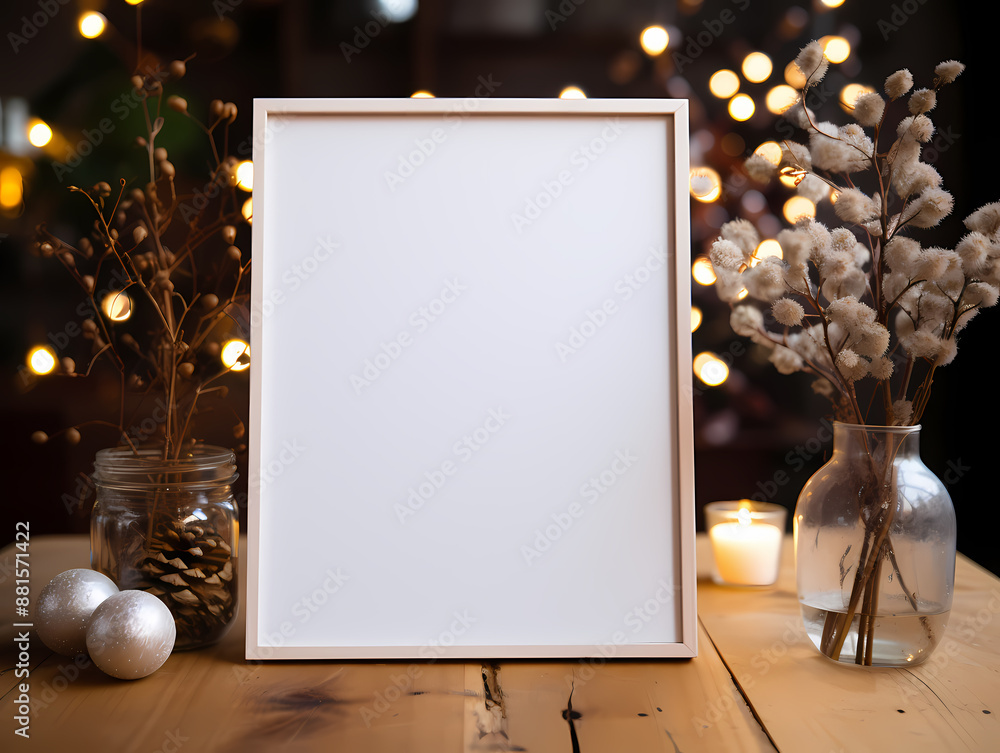 Blank white picture frame on a rustic wooden table, surrounded by festive decor with warm fairy lights in the background. Blank white picture frame on a rustic wooden table, surrounded by festive decor with warm fairy lights in the background.