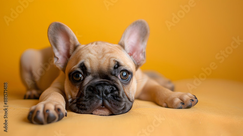 A close-up of a cute French Bulldog puppy, Happy, lying down, with expressive eyes and curious expression, highlights its playful nature on yellow background © Antto-AI