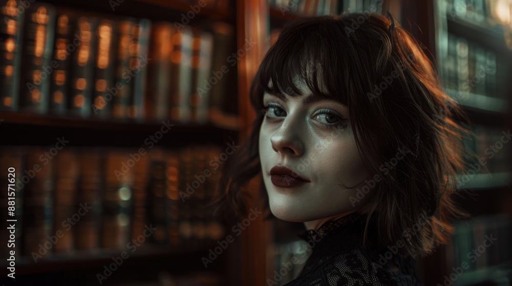 Mysterious woman in a dimly lit library Mysterious woman in a dimly lit library
