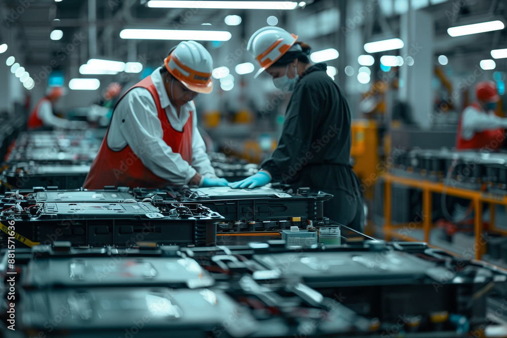 Electric car battery production line in a modern factory setting with conveyor belt and row of batteries Electric car battery production line in a modern factory setting with conveyor belt and row of batteries