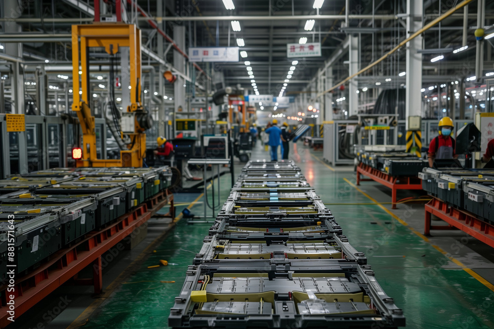 Electric car battery production line in a modern factory setting with conveyor belt and row of batteries Electric car battery production line in a modern factory setting with conveyor belt and row of batteries