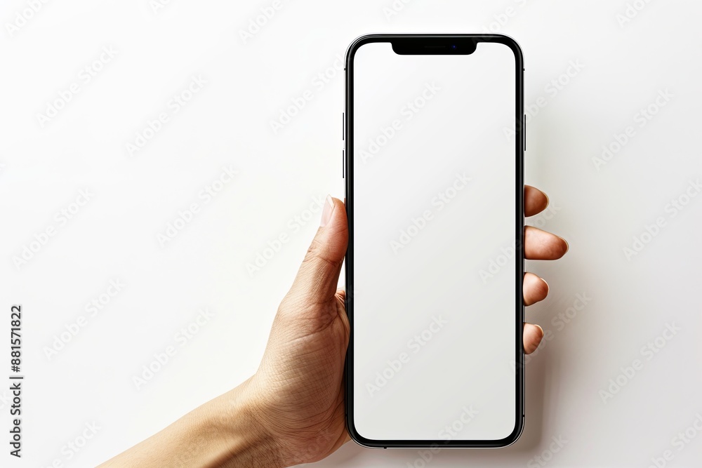 Smartphone mockup on hand with white blank screen created with Generative AI Smartphone mockup on hand with white blank screen created with Generative AI