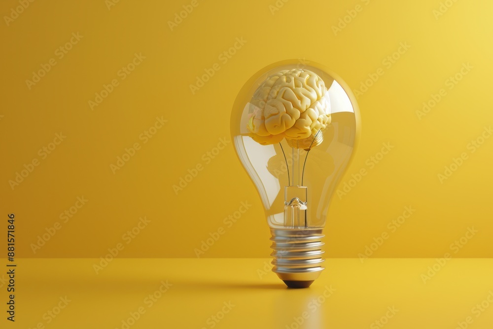 Brain-shaped lightbulb on a yellow backdrop, representing the concept of creative ideas and innovative thinking.