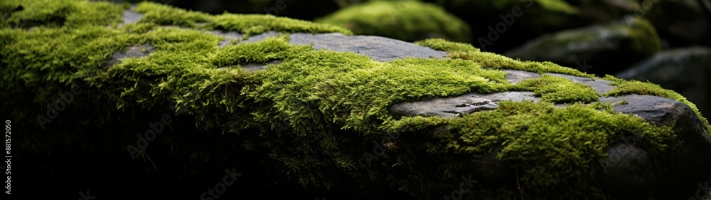 Lush green moss covering rocks in a forest Lush green moss covering rocks in a forest