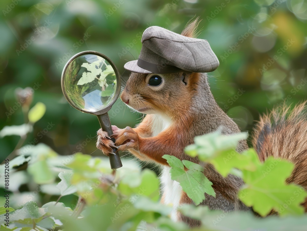 Obraz premium Curious Squirrel Detective Solving Mystery with Magnifying Glass in Forest Setting