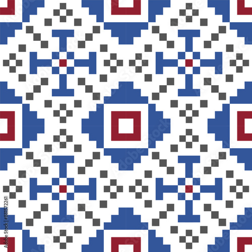Cross Stitch embroidery seamless. Geometric pixel ethnic patterns. American, Mexican,African, mediterranean,nordic,Aztec style.Trendy folk art background design for products, fabric, ,print,decorate.