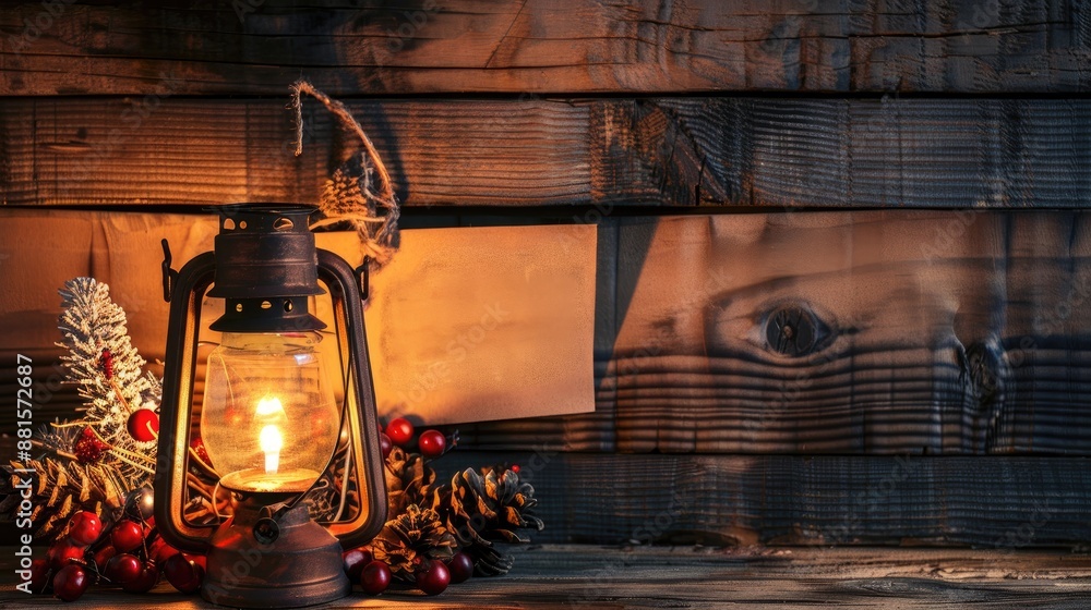 Holiday lantern with sign for messages on rustic wooden backdrop Holiday lantern with sign for messages on rustic wooden backdrop