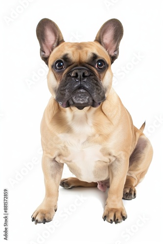 A close-up headshot of a Bulldog on a white background, showcasing its expressive eyes, dog, fluffy fur, friendly, cute, mans best friend