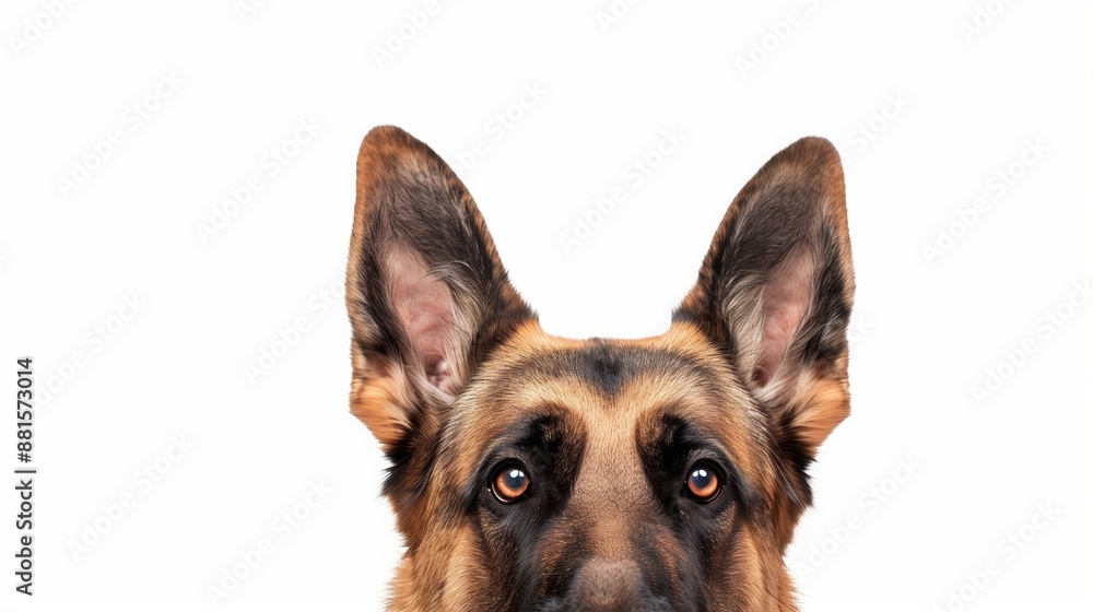 A close-up headshot of a German Shepherd on a white background, showcasing its expressive eyes, dog, fluffy fur, friendly, cute, mans best friend A close-up headshot of a German Shepherd on a white background, showcasing its expressive eyes, dog, fluffy fur, friendly, cute, mans best friend