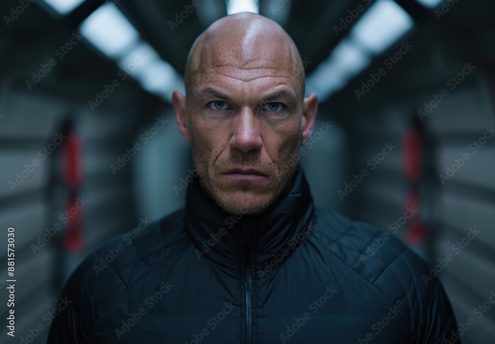 Intense bald man in dark jacket Intense bald man in dark jacket