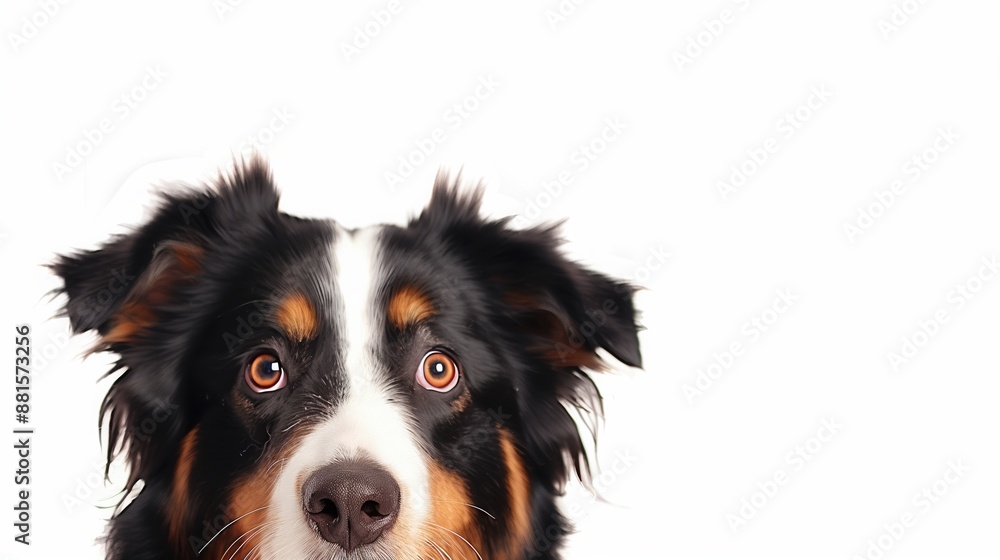 A close-up headshot of a Australian Shepherd on a white background, showcasing its expressive eyes, dog, fluffy fur, friendly, cute, mans best friend A close-up headshot of a Australian Shepherd on a white background, showcasing its expressive eyes, dog, fluffy fur, friendly, cute, mans best friend