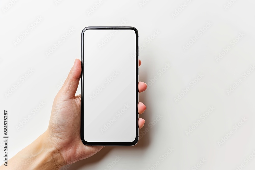 Smartphone mockup on hand with white blank screen created with Generative AI Smartphone mockup on hand with white blank screen created with Generative AI