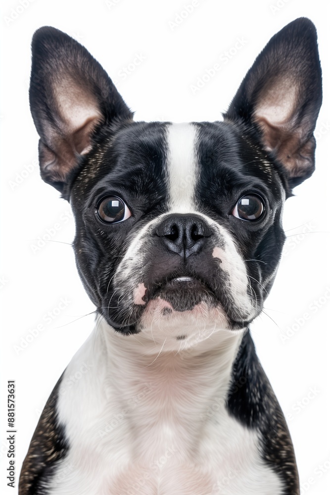 A close-up headshot of a Boston Terrier on a white background, showcasing its expressive eyes, dog, fluffy fur, friendly, cute, mans best friend A close-up headshot of a Boston Terrier on a white background, showcasing its expressive eyes, dog, fluffy fur, friendly, cute, mans best friend