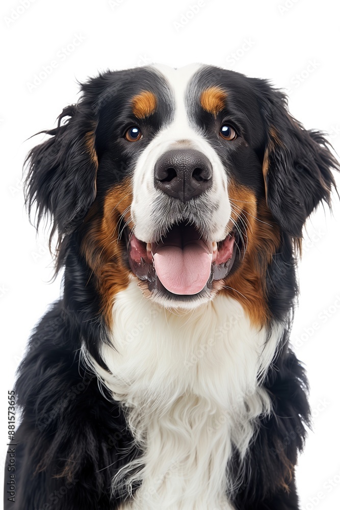A close-up headshot of a Bernese Mountain_Dog on a white background, showcasing its expressive eyes, dog, fluffy fur, friendly, cute, mans best friend A close-up headshot of a Bernese Mountain_Dog on a white background, showcasing its expressive eyes, dog, fluffy fur, friendly, cute, mans best friend