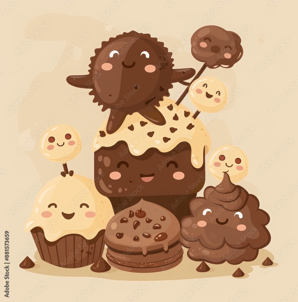 National Chocolate Chip Cookie Day. World chocolate day poster design with cute cookie and brownie characters. cartoon cookie and melting milk cream background National Chocolate Chip Cookie Day. World chocolate day poster design with cute cookie and brownie characters. cartoon cookie and melting milk cream background
