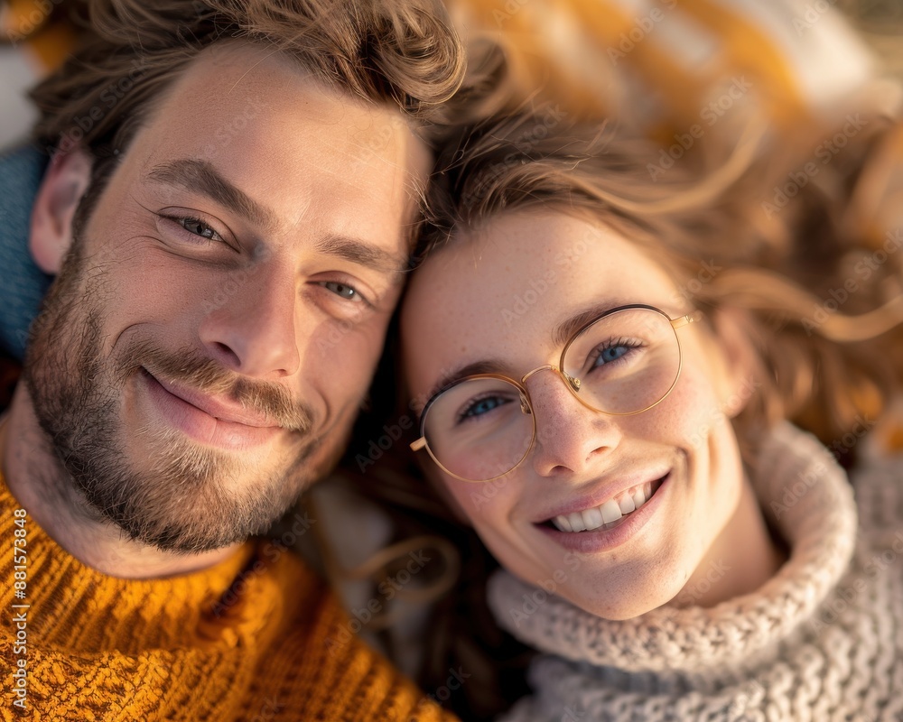 Pair lying on a picnic blanket, heads close together, smiling, Romantic, Love