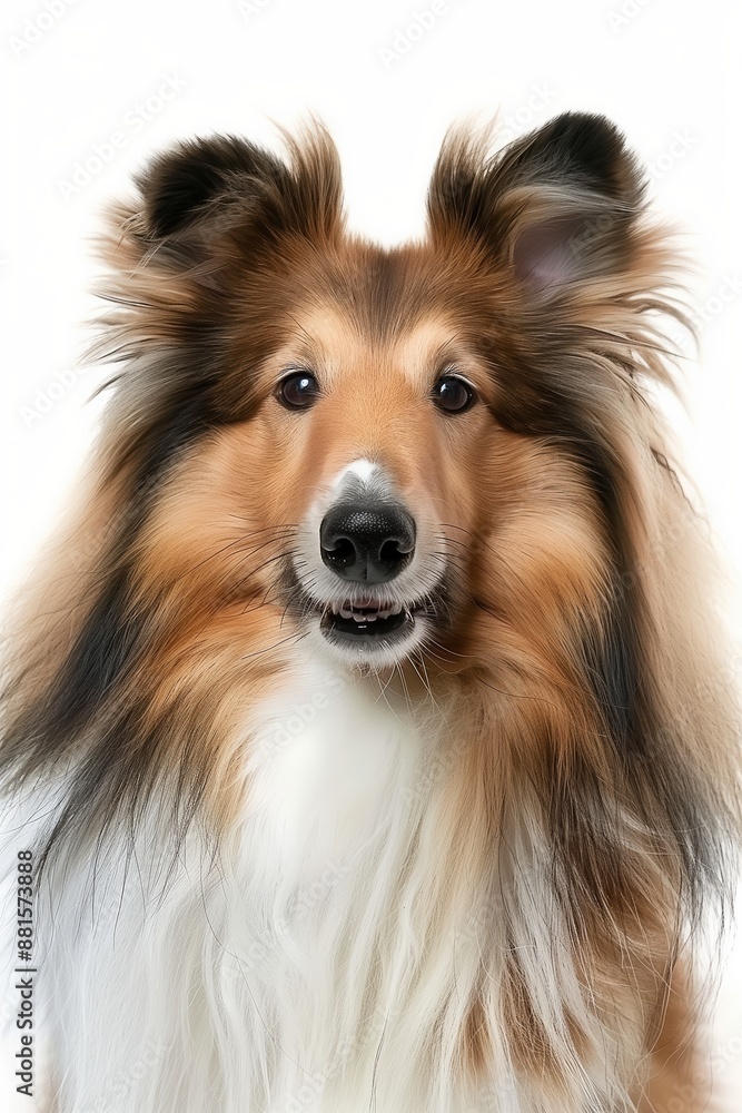 A close-up headshot of a Shetland Sheepdog on a white background, showcasing its expressive eyes, dog, fluffy fur, friendly, cute, mans best friend A close-up headshot of a Shetland Sheepdog on a white background, showcasing its expressive eyes, dog, fluffy fur, friendly, cute, mans best friend