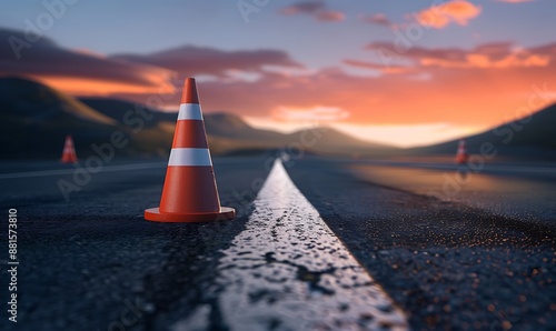 Traffic cone on the road. Road construction concept.