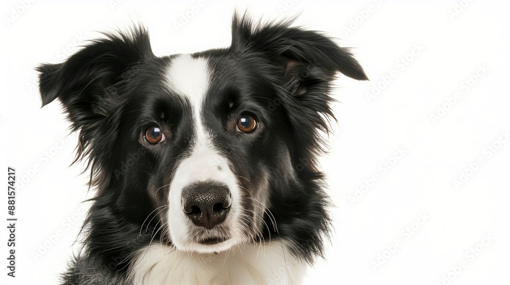 A close-up headshot of a Border Collie on a white background, showcasing its expressive eyes, dog, fluffy fur, friendly, cute, mans best friend A close-up headshot of a Border Collie on a white background, showcasing its expressive eyes, dog, fluffy fur, friendly, cute, mans best friend