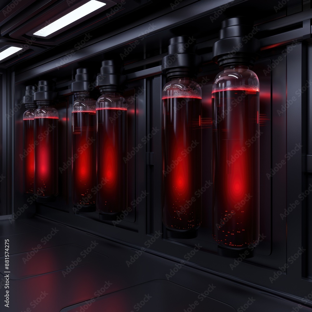 Futuristic storage containers with glowing red liquid Futuristic storage containers with glowing red liquid