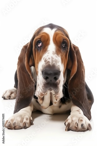 A close-up headshot of a Basset Hound on a white background, showcasing its expressive eyes, dog, fluffy fur, friendly, cute, mans best friend