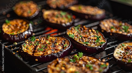 summer dish with grilled eggplants and herbal seasoning sizzling on a barbecue grill, enticing culinary enthusiasts.