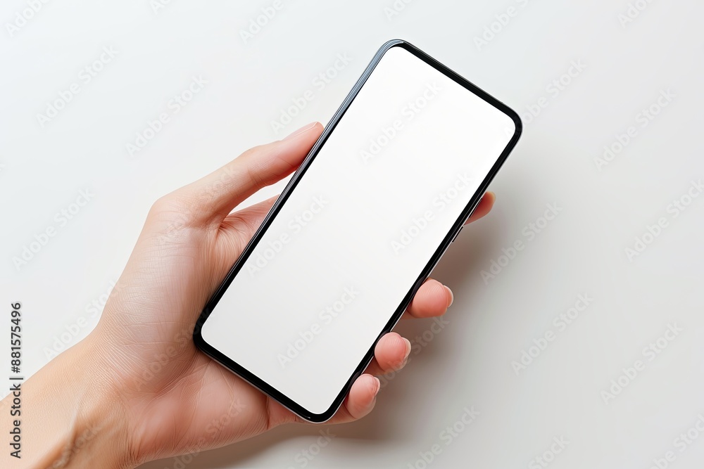 Smartphone mockup on hand with white blank screen created with Generative AI Smartphone mockup on hand with white blank screen created with Generative AI