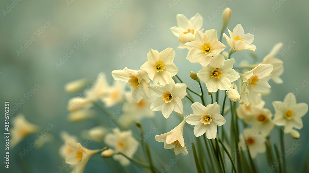 White Daffodils with Yellow Centers in a Green Garden Illustration White Daffodils with Yellow Centers in a Green Garden Illustration