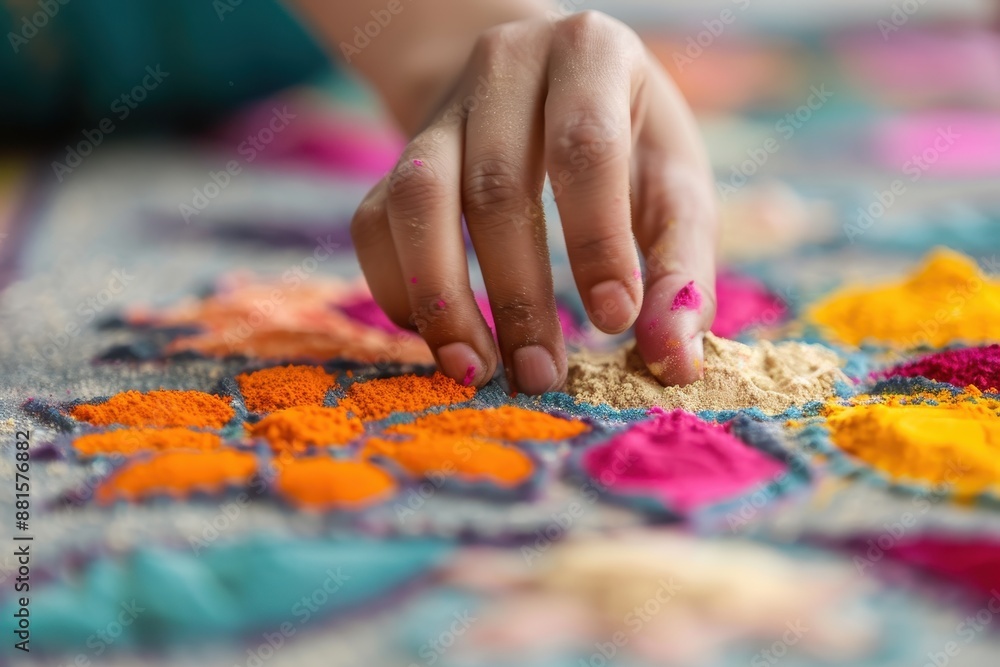 Detailed shot of an elaborate rangoli design made with colored powders and flower petals, capturing hands adding the final touches for Diwali. Detailed shot of an elaborate rangoli design made with colored powders and flower petals, capturing hands adding the final touches for Diwali.