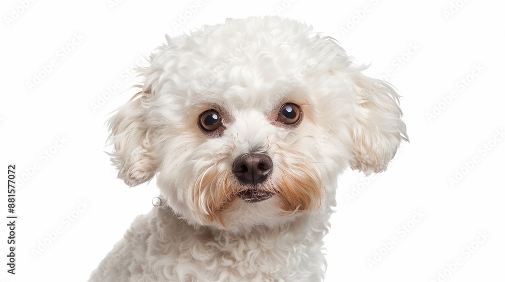 A close-up headshot of a Bichon Frise on a white background, showcasing its expressive eyes, dog, fluffy fur, friendly, cute, mans best friend A close-up headshot of a Bichon Frise on a white background, showcasing its expressive eyes, dog, fluffy fur, friendly, cute, mans best friend