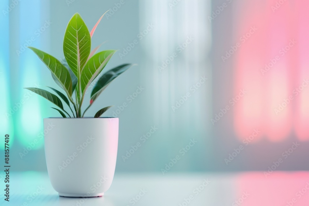 Close-up of a next-gen house plant with visible nanotech sensors, its leaves changing color to indicate air quality and potential environmental hazards Close-up of a next-gen house plant with visible nanotech sensors, its leaves changing color to indicate air quality and potential environmental hazards