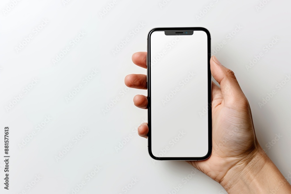 Smartphone mockup on hand with white blank screen created with Generative AI Smartphone mockup on hand with white blank screen created with Generative AI