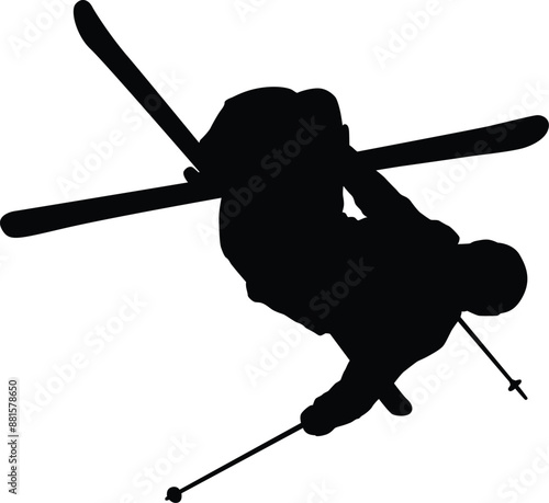 Ski player silhouette full body illustration. People posing freestyle ski in black color