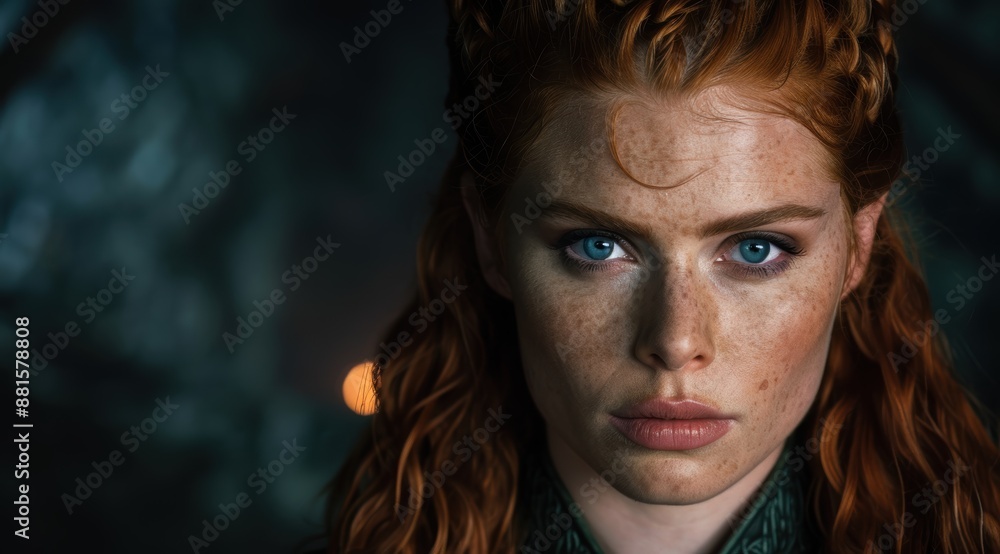 Intense gaze of a woman with fiery red hair and freckles Intense gaze of a woman with fiery red hair and freckles